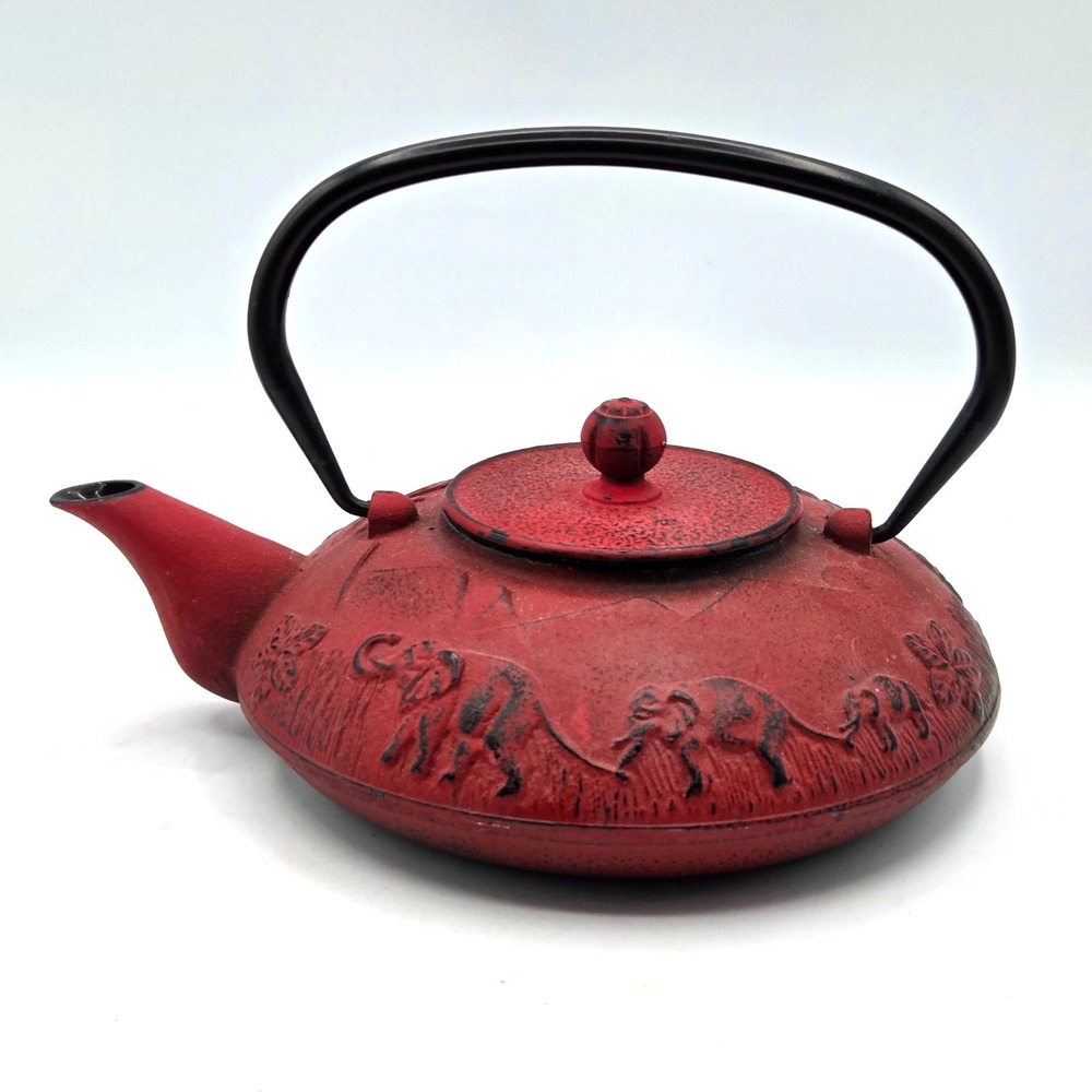 Vintage Japanese Teapot Teavana Cast Iron Red With Elephants RETRO